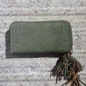 Green Perforated Zip Wallet with Tassel